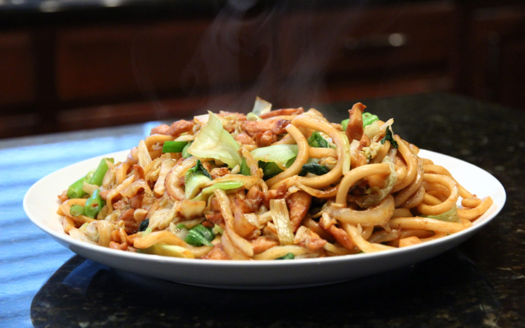 stir fried udon noodles with chicken